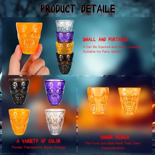 Miniatura 3 de Honeydak Vasos de chupito de calavera de Halloween para fiesta, 1.86 onzas, vasos irrompibles de calavera de plástico para bebidas espirituosas