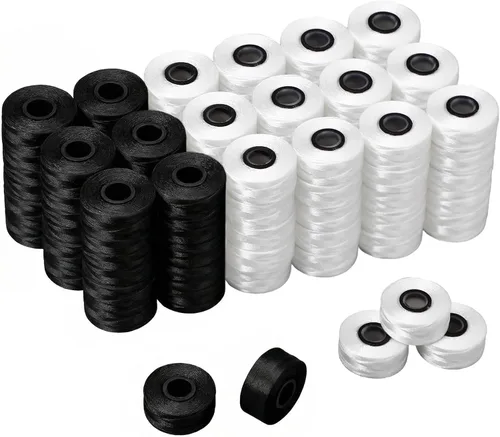 Miniatura 7 de 100 bobinas magnéticas L preenrolladas para máquina de bordar, hilo de bobina preenrollado de poliéster 70d para costura doméstica comercial (negro)