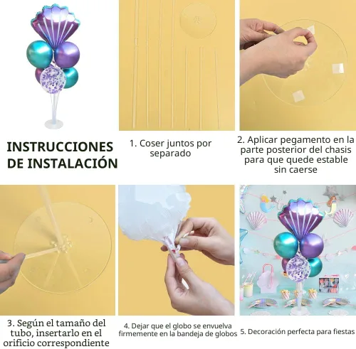 Miniatura 2 de Kit de soporte de globos de mesa de sirena, 2 juegos con 2 globos de aluminio de conchas marinas, 14 globos de látex azul púrpura para cumpleaños