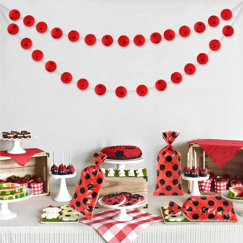 Miniatura 5 de Lecpeting 100 bolsas de golosinas de mariquita, bolsas de dulces de celofán con lunares rojos y negros, regalos de fiesta de mariquita con lazos