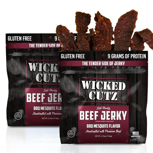 Wicked Cutz BBQ Mesquite Beef Jerky, 21g de proteína por bolsa, alternativa tierna y fácil de masticar a los palitos de carne, bocadillos carnívoros