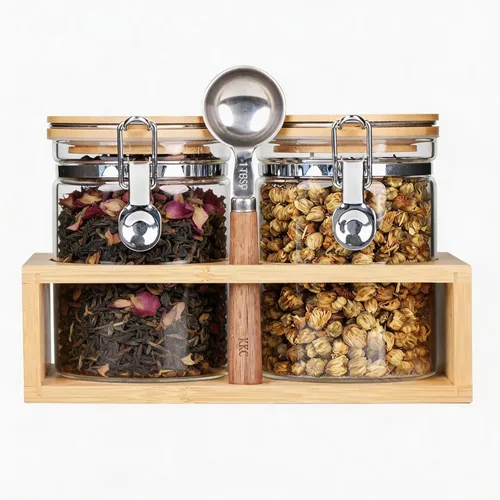 KKC - Recipiente de té de vidrio con tapas y cuchara de bambú | Tarros de almacenamiento de té sueltos herméticos de 27 onzas para bolsa de té y té