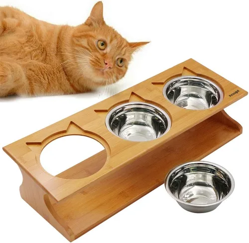 Miniatura 3 de Cuencos para gatos con soporte de madera elevado, cuencos elevados para mascotas con soporte oblicuo para gatos, perros, gatitos y cachorros