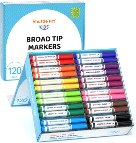Shuttle Art 120 unidades de marcadores lavables, 10 colores surtidos de línea ancha con punta cónica grande a granel con caja, suministros escolares