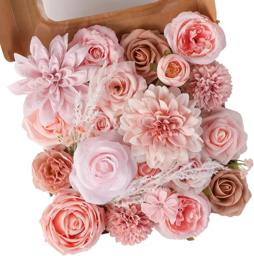 Miniatura 15 de Floweroyal Flores Artificiales Rosadas Flores de Rosa Falsas Dalia con Tallos para Ramos de Novia de Boda DIY, Baby Shower, Arreglo Floral, Centros