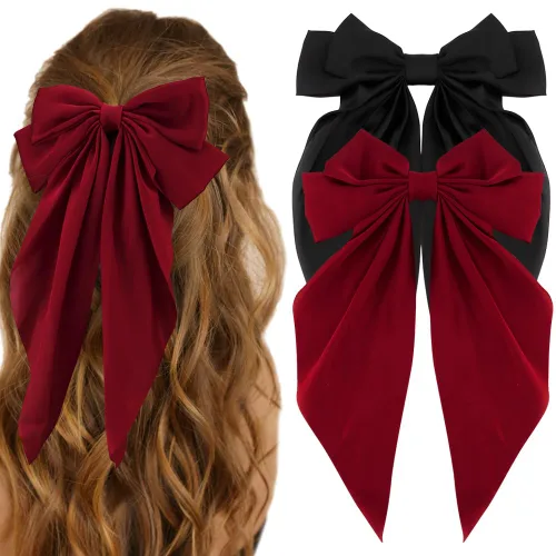 Miniatura 30 de ATODEN Lazos de Cabello de Satén Sedoso 2 Piezas Lazos Grandes para el Cabello para Mujeres Cintas para el Cabello de Cola Larga Extragrandes Lazo