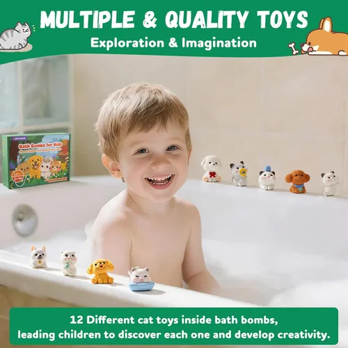 Miniatura 5 de Bombas de baño para niños con juguetes sorpresa en el interior, 12 bombas de baño para niños con juguetes de gato y perro, bombas de baño naturales