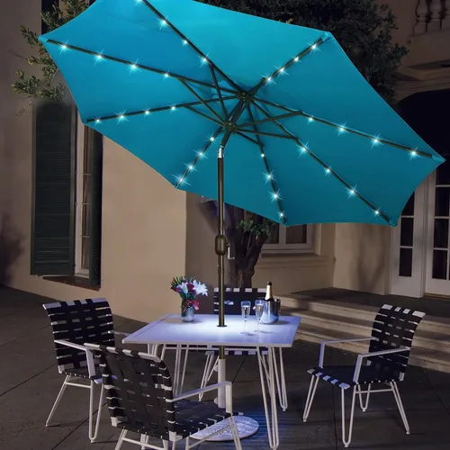Miniatura 7 de Blissun - Sombrilla solar de 9 pies para exteriores, 32 luces LED, con inclinación y manivela, parasol ideal para patio, jardín, cubierta, piscina