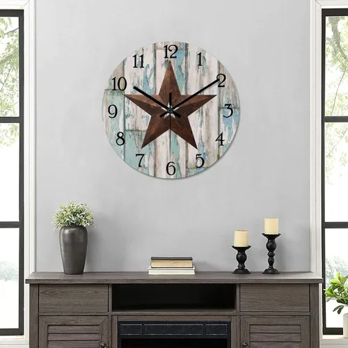 Miniatura 6 de Reloj de pared vintage con estrella de Texas occidental de madera rústica, sin tictac, silencioso, funciona con pilas, fácil de leer, elegante reloj