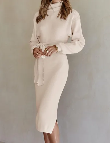 Miniatura 21 de ZESICA - Vestido por debajo de la rodilla de suéter, de cuello alto, para mujer, de manga larga, de punto acanalado, con abertura y cinturón