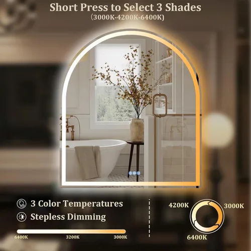Miniatura 4 de BEAUTYPEAK Espejo de baño con arco LED de 34 x 30 pulgadas con luces, antiniebla, regulable, retroiluminado + iluminado frontal, espejo de tocador