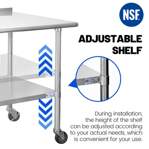 Miniatura 7 de Mesa de acero inoxidable para preparación y trabajo, con ruedas giratorias, mesa resistente, comercial NSF, con estante inferior y protector
