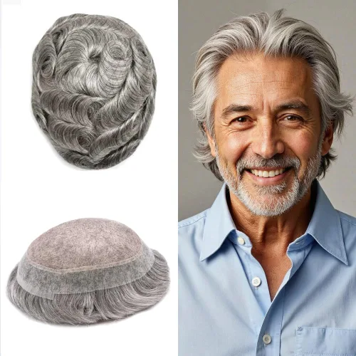Miniatura 111 de Tupé para hombres, piezas de cabello humano real, sistema de unidades de cabello natural, línea capilar natural, pieza de repuesto para hombres
