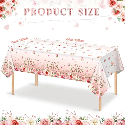 Miniatura 2 de Paquete de 1 mantel floral para baby shower, decoración de baby shower, decoración de fiesta de nacimiento con flores rosas para niñas, mantel