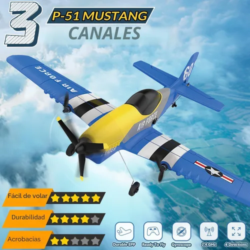 Miniatura 2 de HAWK'S WORK Avión RC P-51D Mustang de 3 canales, avión de control remoto listo para volar, estabilizador de giroscopio de 6 ejes de 2.4 GHz, fácil