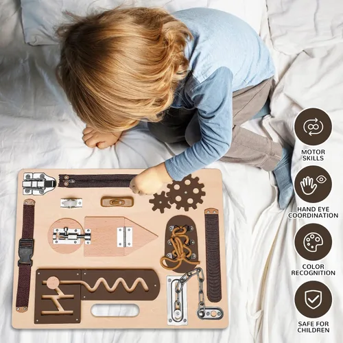 Miniatura 4 de Tablero Ocupado Montessori para Niños Pequeños, Juguetes Sensoriales de Madera, Actividades de Aprendizaje Preescolar para Habilidades Motoras Finas