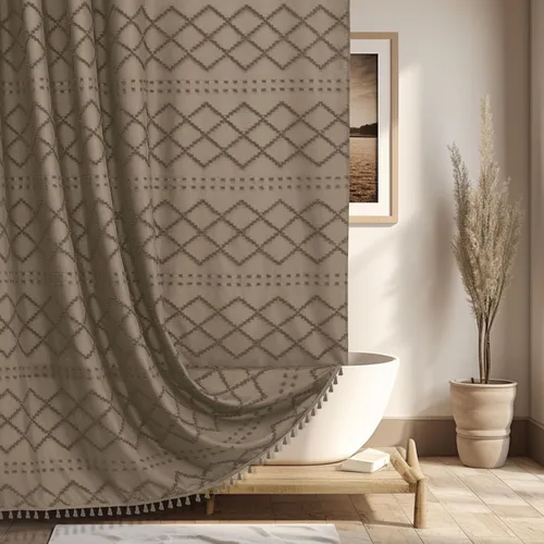 Miniatura 15 de Siiluminisoy Cortina de ducha bohemia rosa con textura y borlas de 72 x 72 pulgadas con tul, cortina de ducha de chenilla tejida con rayas chevrón