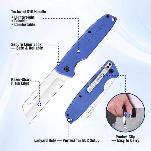 Miniatura 4 de WORKPRO Cúter, cuchillo de bolsillo plegable para electricista con filo liso de acero inoxidable para pelado de cables para electricistas