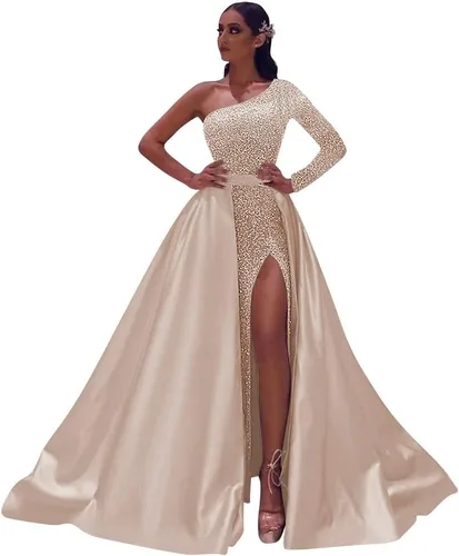 TIRAS Vestidos de fiesta de un hombro para mujer 2023 con abertura en la manga y lentejuelas vestido formal de satén con cola desmontable CM153
