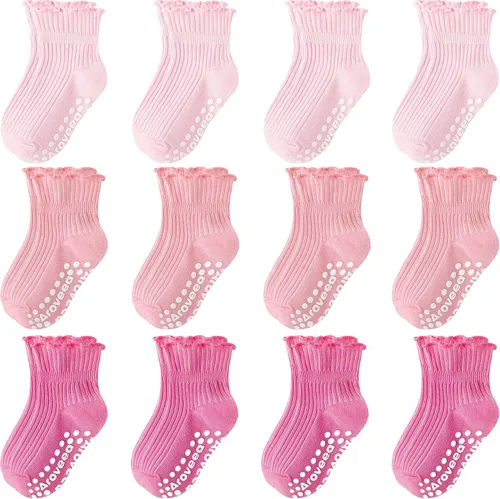 Miniatura 7 de Calcetines antideslizantes para bebés y niñas pequeñas, con volantes, de algodón, lindos, paquete de 12 unidades, para niños de 6 meses a 7 años