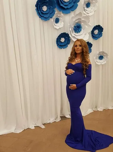 Miniatura 5 de ZIUMUDY - Vestido ajustado de maternidad con cuello en V fruncido, hombros descubiertos, manga larga, maxivestido para fotografía