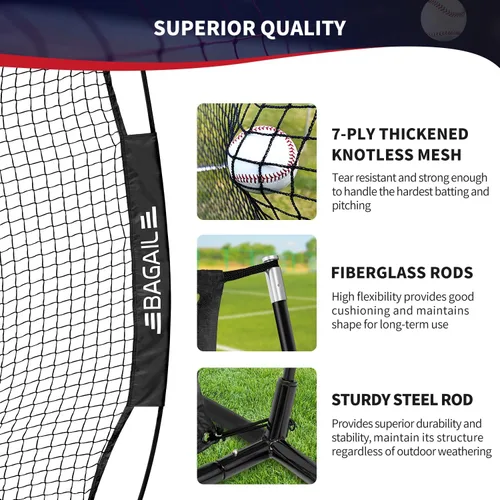 Miniatura 2 de BAGAIL 7x7 ft Baseball Softball Practice Net Sturdy Bow Frame, Heavy-Duty Mesh for Strong Hits, Including 2 Strike Zones, Carry Bag, Ground