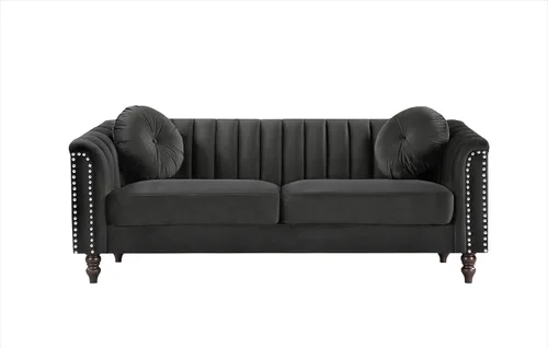 Miniatura 7 de Container Furniture Direct Juego de 2 piezas de sofá de terciopelo copetudo con cojines extraíbles y patas de madera torneada, elegantes muebles