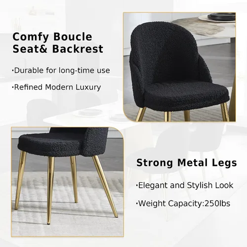 Miniatura 4 de Boucle - Juego de 2 sillas de comedor sin brazos, modernas sillas de cocina tapizadas con patas de metal dorado para cocina, comedor, color negro