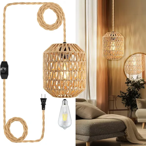 Lámpara colgante enchufable, cable de cuerda de cáñamo de 15 pies, luces colgantes con cable de enchufe, lámpara colgante de ratán regulable, Marrón