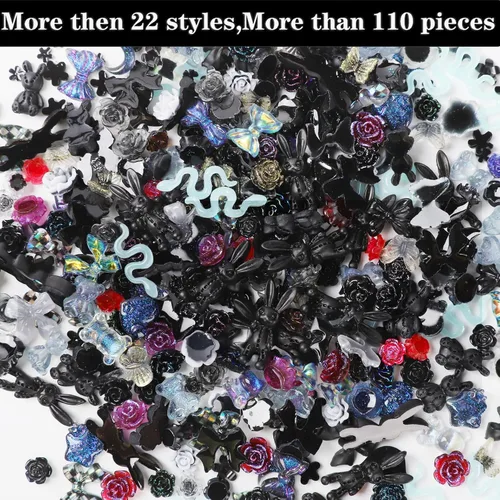 Miniatura 2 de COOSLIM 110 dijes de uñas 3D para uñas acrílicas, flor de camelia, rosa, mariposa, lazo, corazón, oso, conejo, estrella, para diseños de uñas, Negro