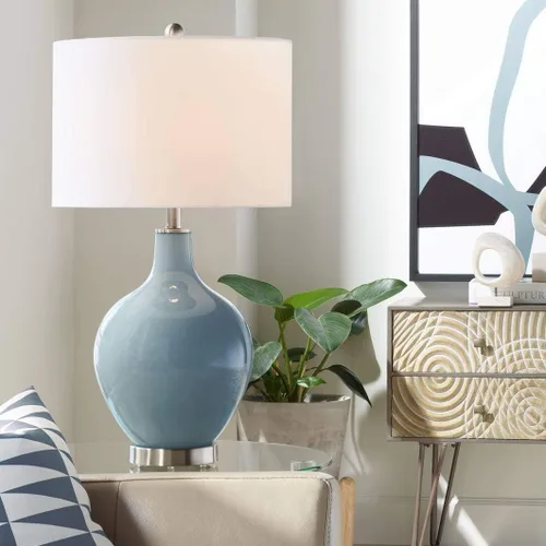 Miniatura 21 de Color + Plus Lámpara de mesa moderna de 28.5 pulgadas de alto, cristal azul Mónaco OVO blanco con pantalla de tambor de lino para sala de estar