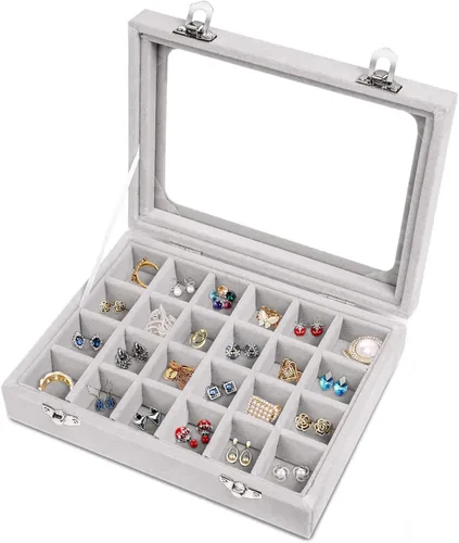 Miniatura 3 de Joyero de terciopelo con 24 rejillas para joyas, caja organizadora de exhibición, bandeja para anillos, estuche de almacenamiento para niñas