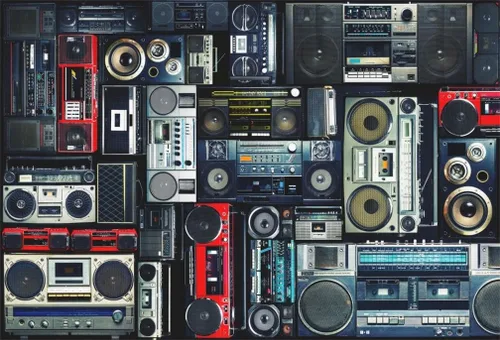 AOFOTO Fondo de pared vintage de 5 x 3 pies de estilo retro de los años 80, amplificador nostálgico antiguo de música, audio antiguo, altavoz bajo,