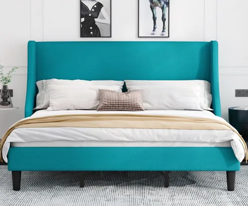 Miniatura 9 de Allewie Estructura de Cama de Plataforma Tamaño King con Cabecera Tapizada – Diseño Moderno Deluxe con Respaldo Alado, Soporte de Listones de Gris