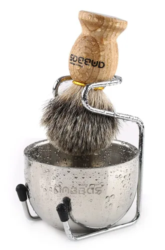 Miniatura 13 de Anbbas Cepillo de afeitar de pelo de tejón puro, mango de madera y jabonera grande con soporte de afeitado de acero inoxidable, kit 3 en 1