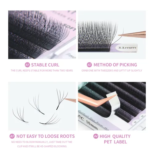 Miniatura 5 de Extensiones de pestañas postizas 4D en forma de abanico 0.003 in, rizo D, 0.31-0.59 pulgadas, volumen mixto, suministros de maquillaje, extensiones