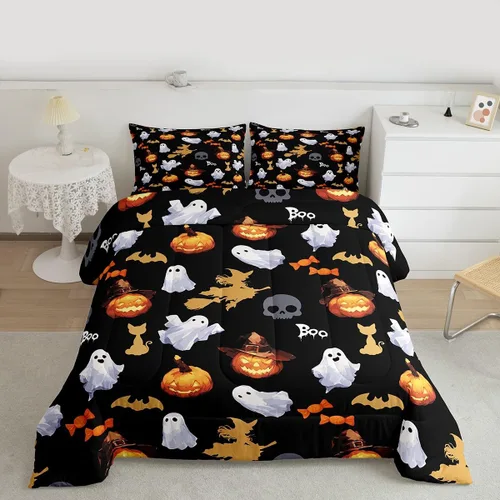 Miniatura 36 de Juego de edredón rosa con temática de Halloween, tamaño individual, edredón de farol de calabaza para adolescentes, juego de ropa de cama de Multi