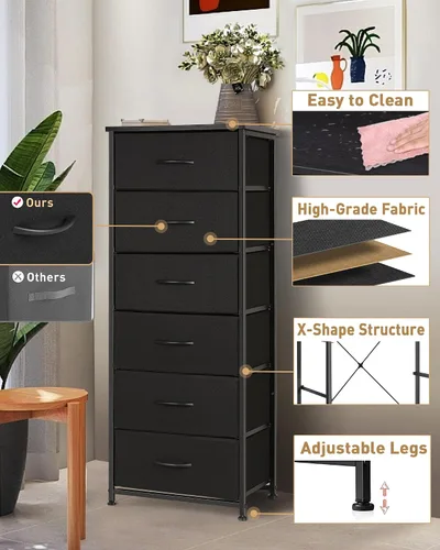Miniatura 8 de Mifuro Cómoda alta para dormitorio con 6 cajones, torre organizadora de almacenamiento vertical, cómoda con cubos de tela, marco de acero, parte