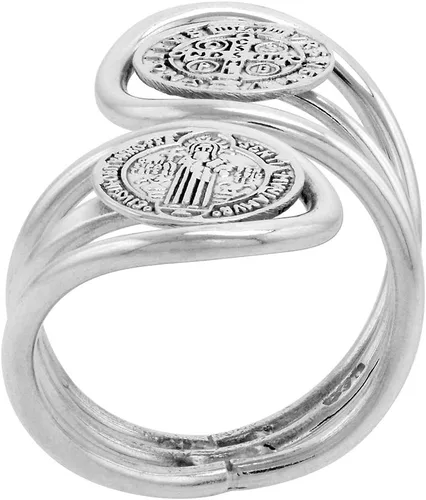 Miniatura 2 de Anillo de plata de ley San Benito para mujer, envuelto en alambre, 2 medallas Bypass hecho a mano de 1 1/4 pulgadas de largo, tallas 6-10