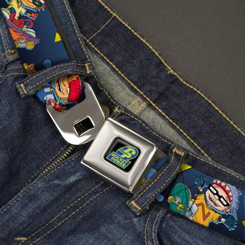 Miniatura 2 de Nickelodeon Belt, Seatbelt Buckle Belt, Rocket Power Character Poses Shapes Cool Gray Multi Color, Adjustable