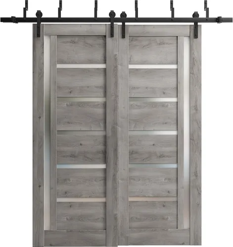 Puertas corredizas de 48 x 96 pulgadas | Quadro 4088 gris Nebraska con vidrio esmerilado | Juego de herrajes resistentes de 6.6 pies | Puertas de