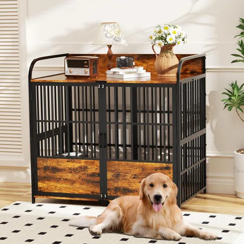 Miniatura 6 de BEURUKU Mueble de jaula para perros XL de 41 pulgadas, perrera mediana para interiores con 2 cuencos ajustables, mesa de jaula para perros de madera