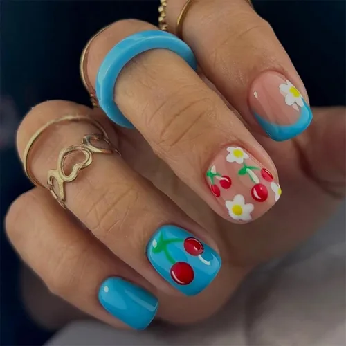 Miniatura 7 de Lindas uñas a presión de tamaño mediano - Uñas falsas cuadradas con punta francesa, uñas acrílicas rojas de cobertura completa brillantes