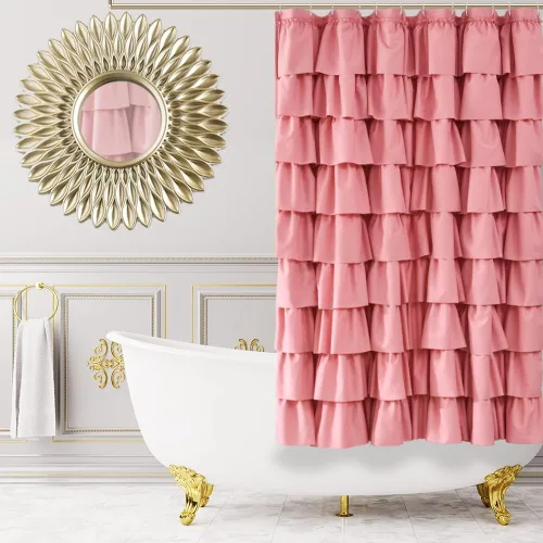 Cortina de ducha con volantes, 72 pulgadas de largo, cortinas de baño con volantes para la casa de campo, decoración bohemia con textura (rosa Rosa