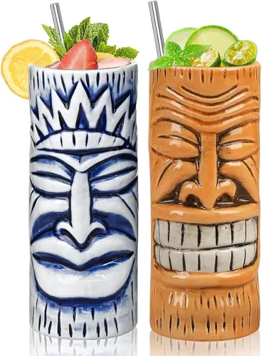 Tiki - Juego de 2 tazas de cerámica hawaianas con pajitas de 15 onzas, hechas a mano, diseño único para fiestas