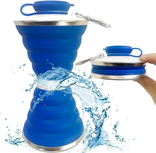 Collapsible Water Bottle, Camping Cup With Carabiner, Reuseable Silicone Foldable Leak Proof Portable Sports Travel Water Bottles For Outdoor, Azul