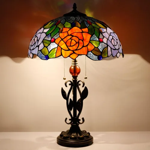 Lámpara de Mesa Tiffany Flor de Rosa Roja y Amarilla de Vidrio Teñido Luz de Lectura de Escritorio 16X16X24 Pulgadas Base de Hoja de Metal para