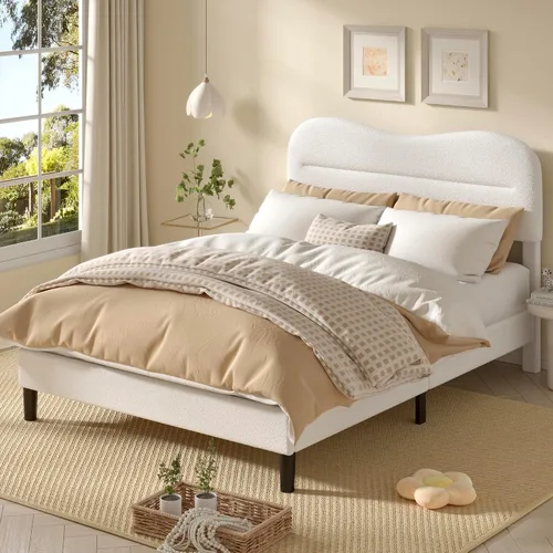OURPIC - Estructura de cama tamaño Full con cabecero, estructura de cama Full de tela de bouclé suave tipo teddy, cabecero tapizado en forma de nube