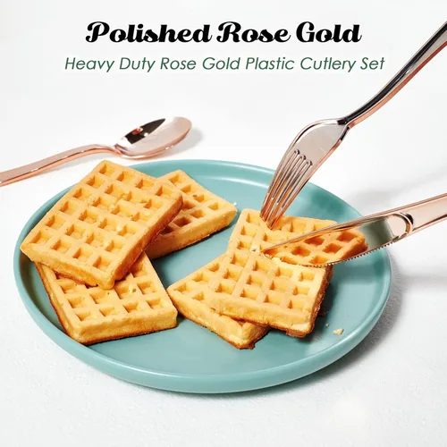 Miniatura 7 de FOCUSLINE Paquete de 300 tenedores desechables de plástico color oro rosa, tenedores de plástico sólido y duradero, cubiertos desechables
