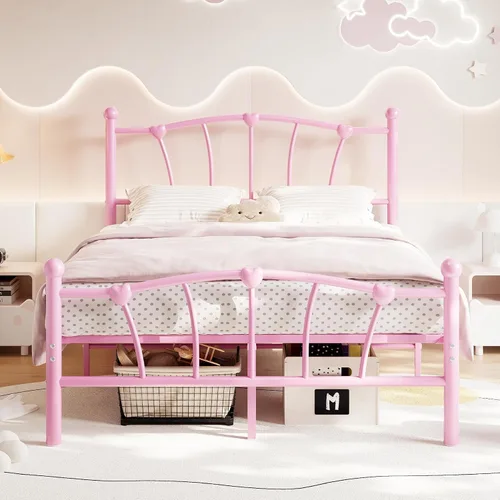 Miniatura 8 de GarveeHome Marco de cama de tamaño individual, marco de cama de metal en forma de corazón con cabecera y estribo, marco de cama de plataforma